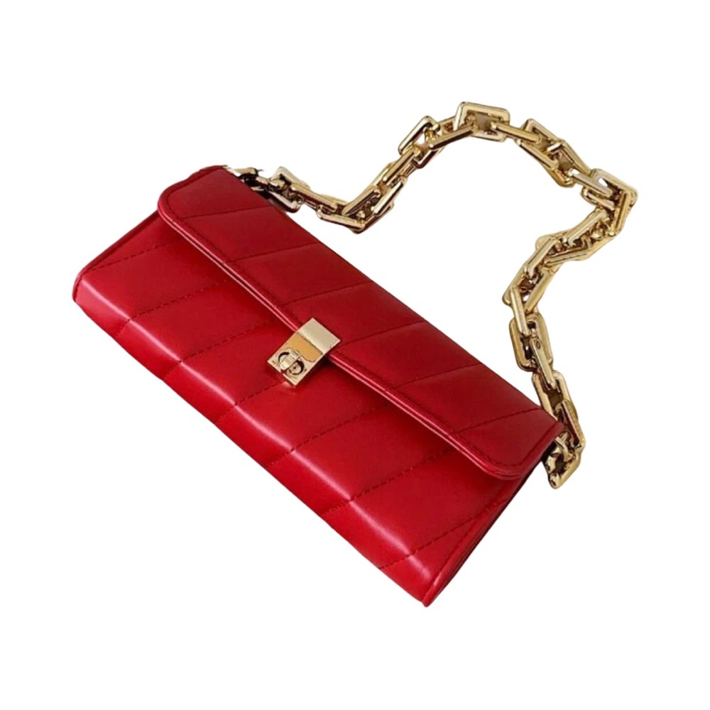 Bright Red Quilted Gold Chain Link Shoulder Purse Bag - Picture 3 of 6